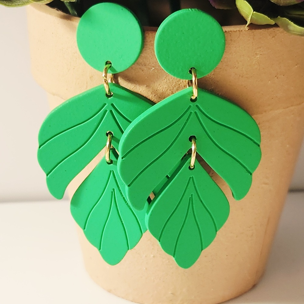 Green Polymer‎ Clay Tiered Leaf Dangle Statement Earrings Matte Botanical Boho